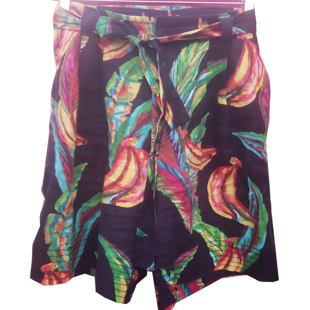Farm Rio Preta Banana Shorts Black Linen Multicolor Leaves Pockets Small